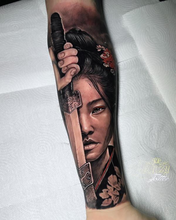 Geisha samurai forearm tattoo