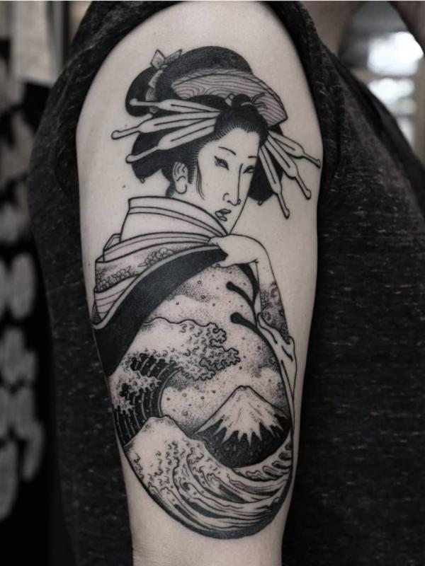 Geisha with Great Wave tattoo