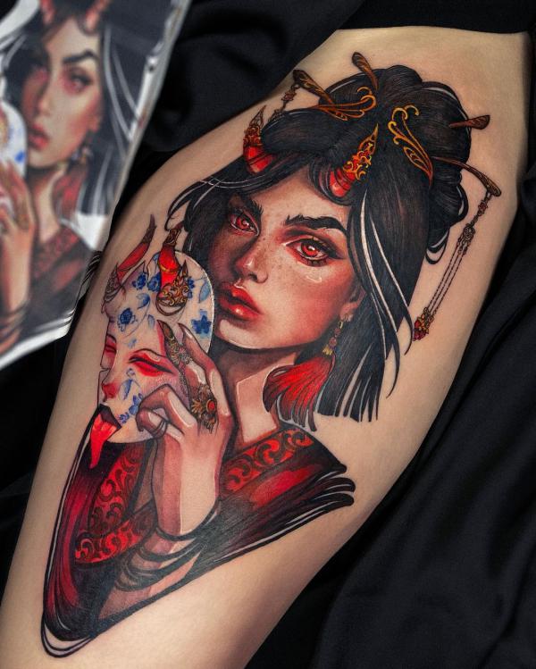 Geisha with Kitsune mask tattoo