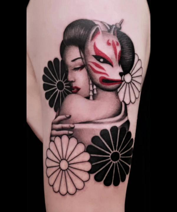 Geisha with kitsune mask tattoo design