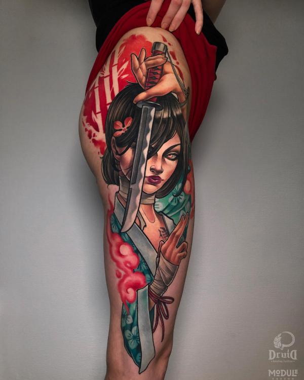 Geisha with knife leg tattoo