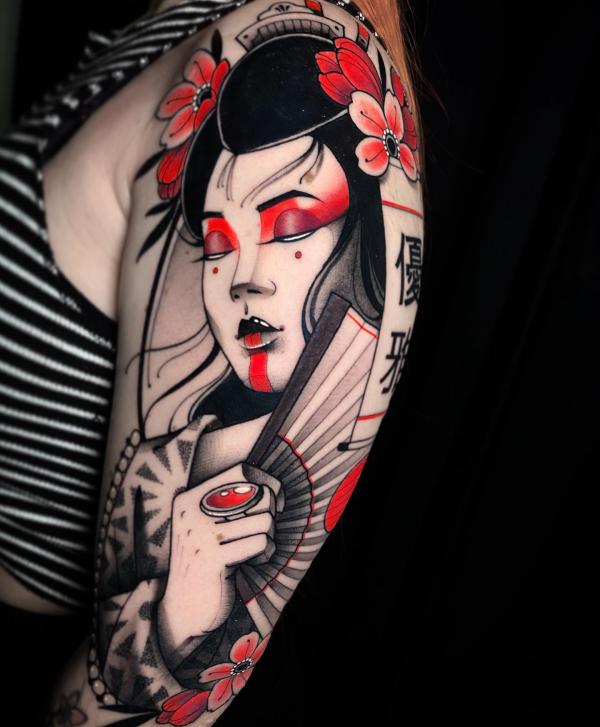 Geisha with paper fan and flower tattoo