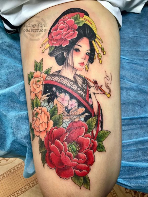 Geisha with peony flowers tattoo