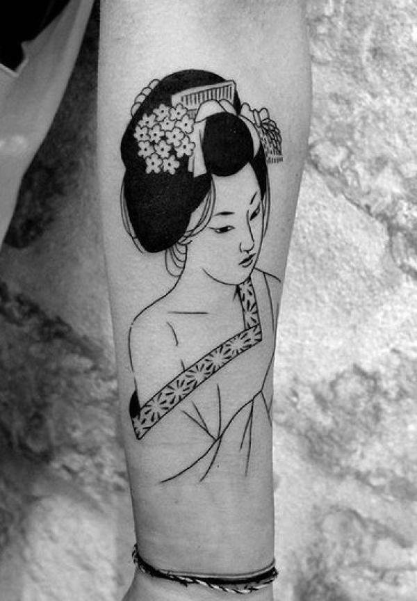 Geisha woman line work tattoo on forearm