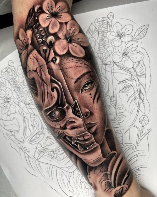 Half geisha face half hannya mask tattoo