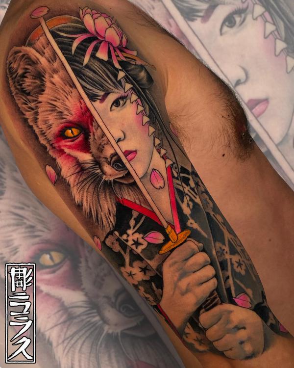 Half geisha half wolf tattoo half sleeve