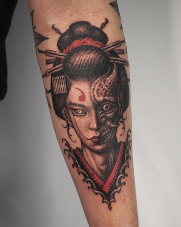 Half hannya half geisha tattoo