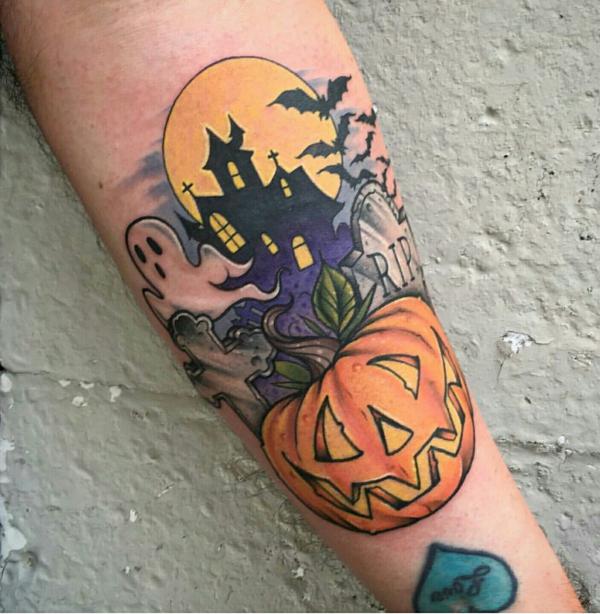 Halloween pumpkin with ghost and bats tattoo
