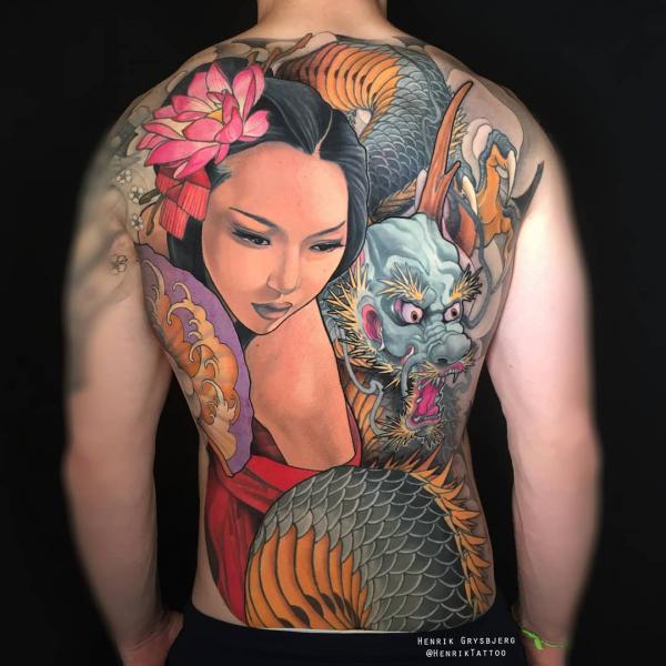Japanese geisha and dragon back tattoo