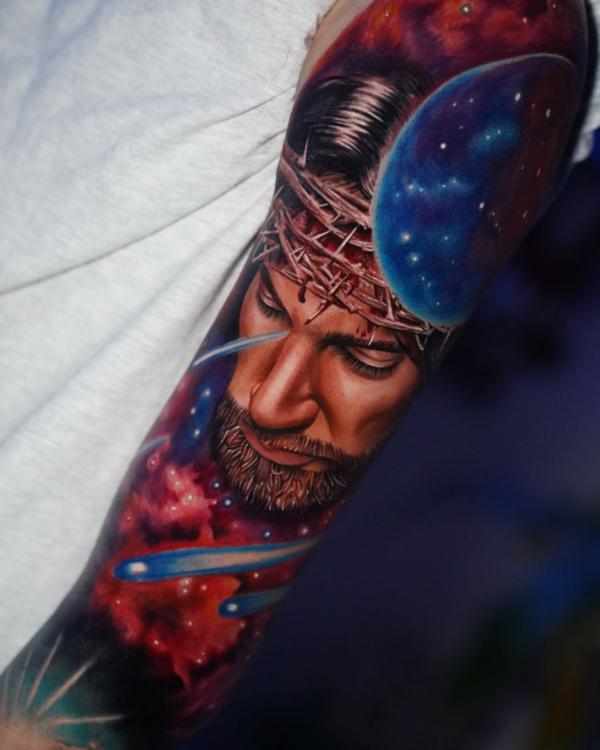 Jesus in sky with planet and shooting stars