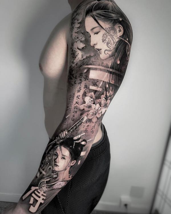 Ninja geisha warrior with kanji tattoo sleeve