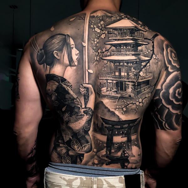 Ninja geisha warrior with sword and temple back tattoo