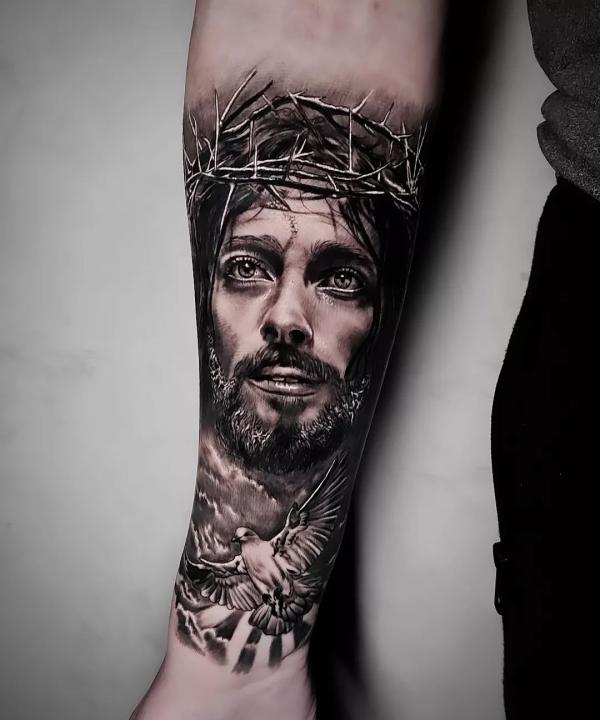 Realistic Jesus with barbed wire and a dove with halo
