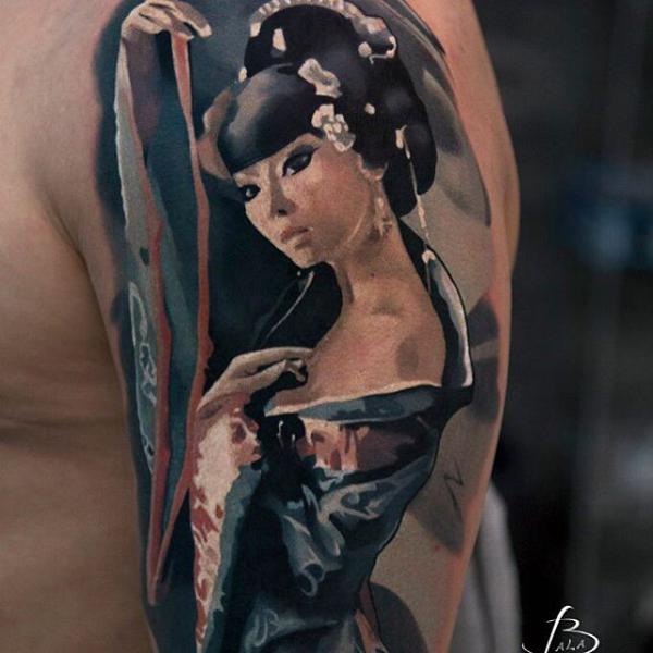 Realistic geisha half sleeve tattoo