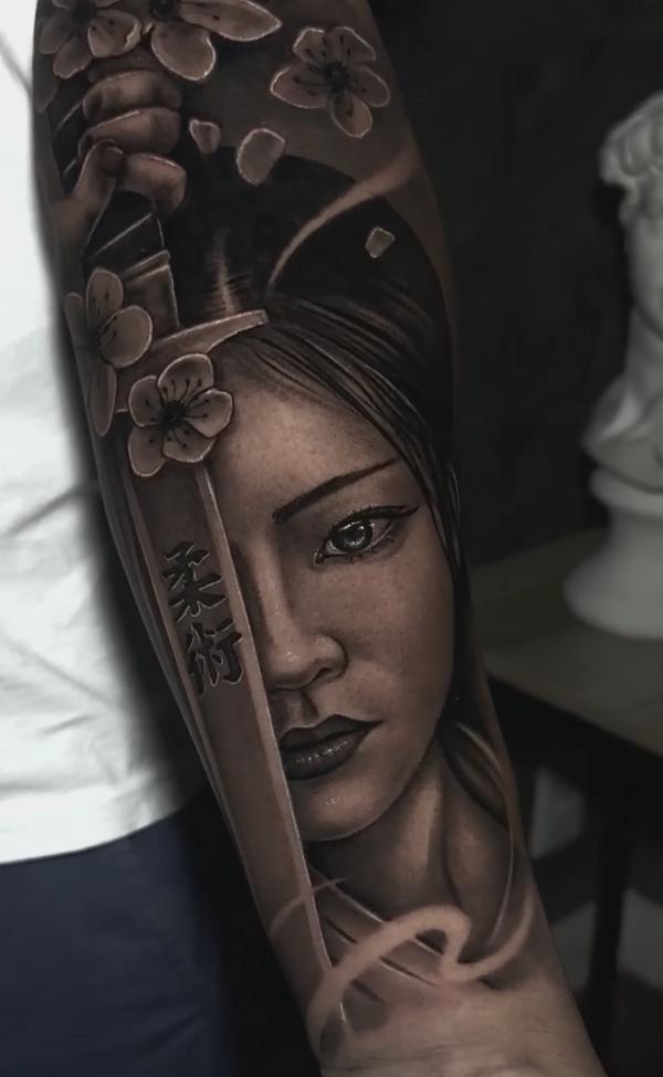 Realistic geisha samurai tattoo forearm