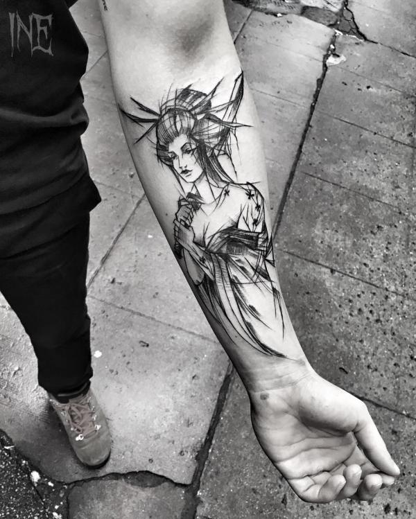 Sketchy geisha forearm tattoo