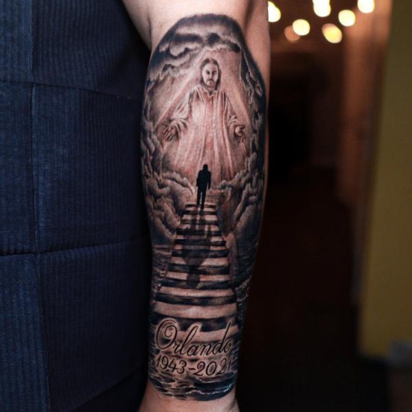 Stairway to Jesus tattoo with name and date