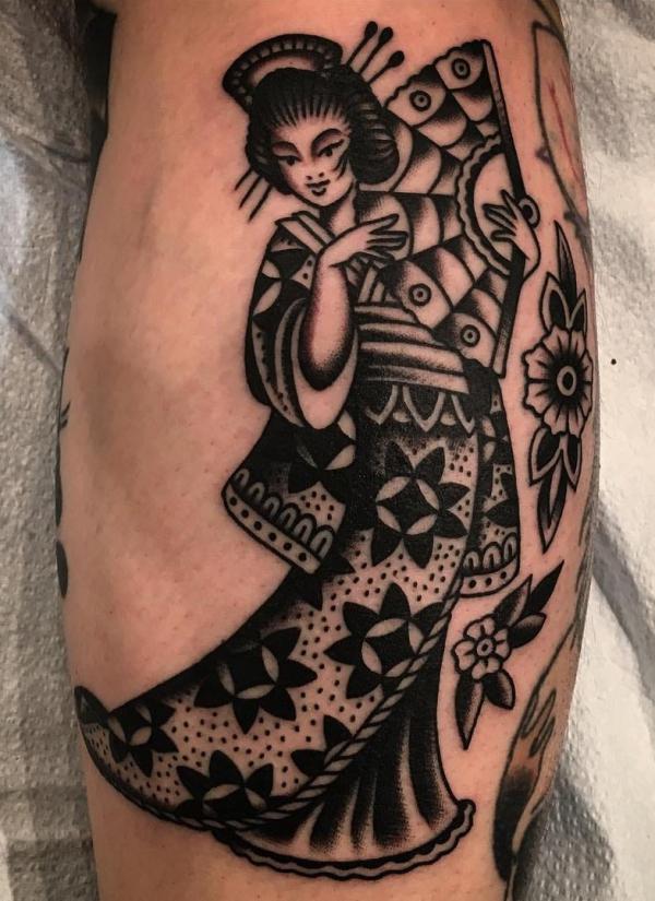 Traditional black and white geisha tattoo