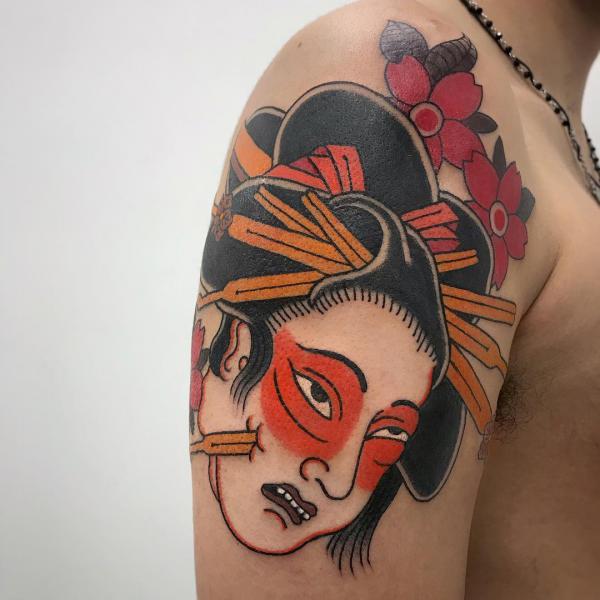 Traditional geisha portrait tattoo