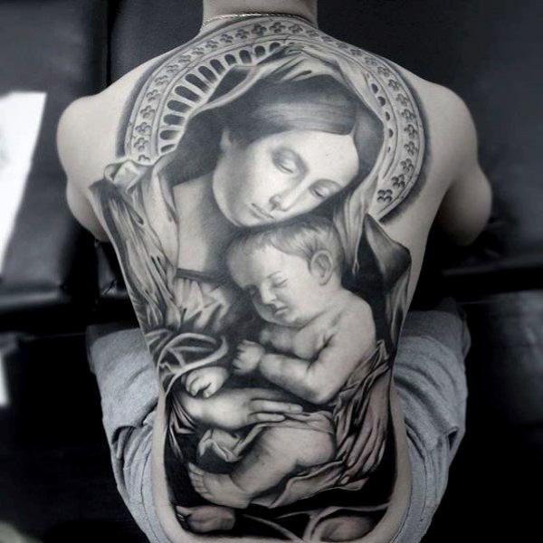 Virgin mary and baby jesus tattoo