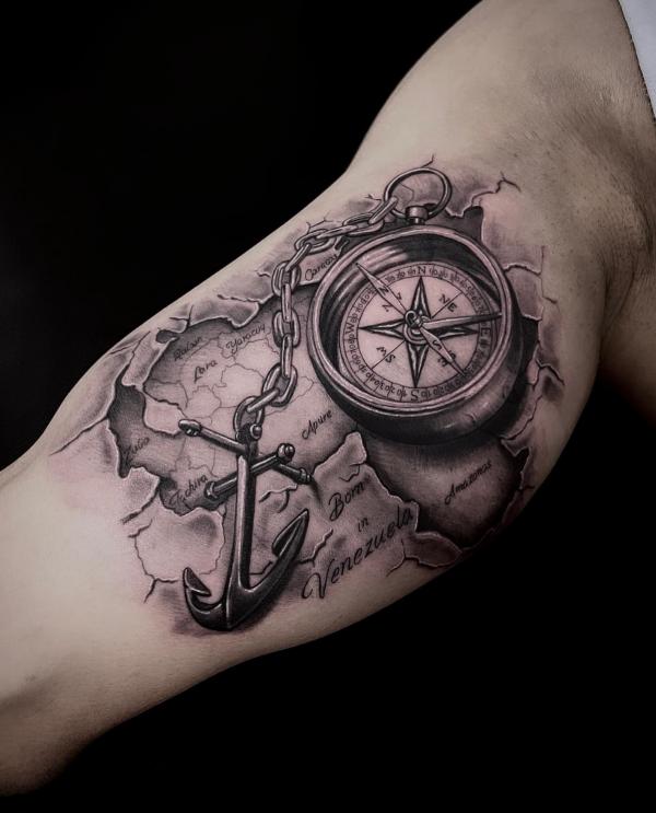 3D Map with compass and anchor tattoo on bicep