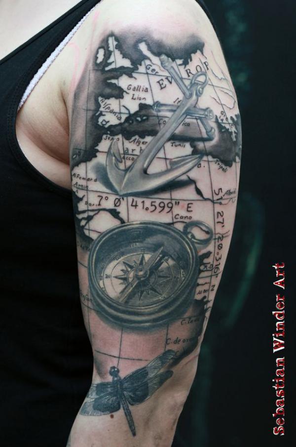 Compass Anchor Dragonfly Map tattoo