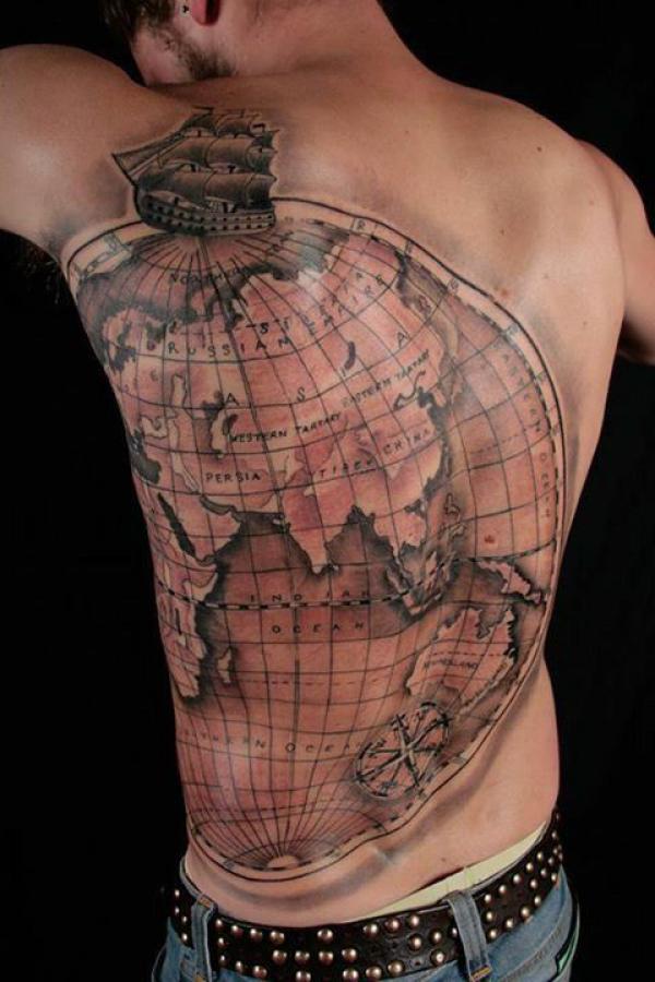 Globe world map back tattoo