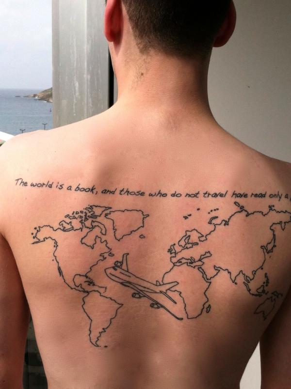 Map and plane tattoo with quote The world is a book and those who do not travel have read only one page