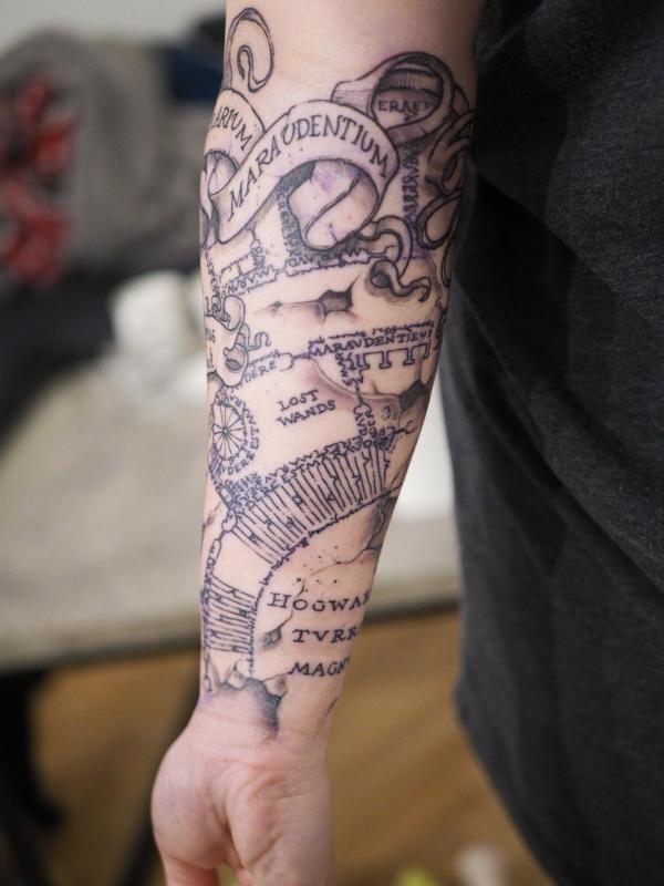 Marauders map sleeve tattoo