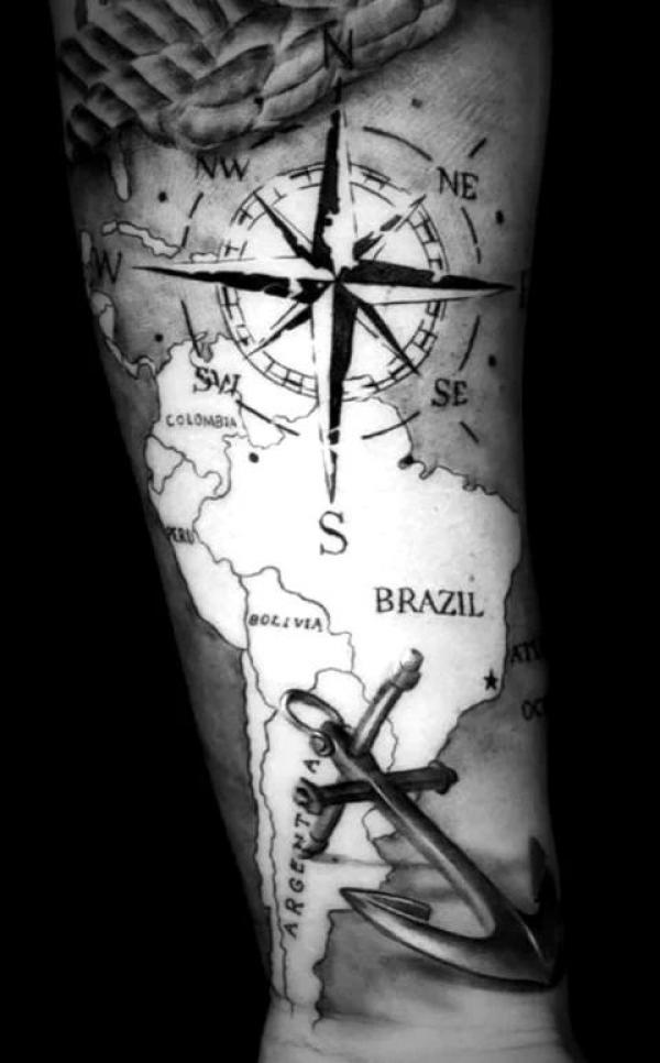 South American map with compass and anchor tattoo