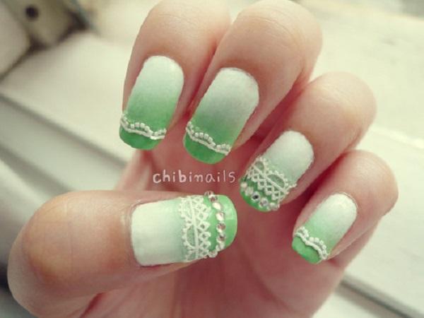 White to green ombre nails with lace stickers