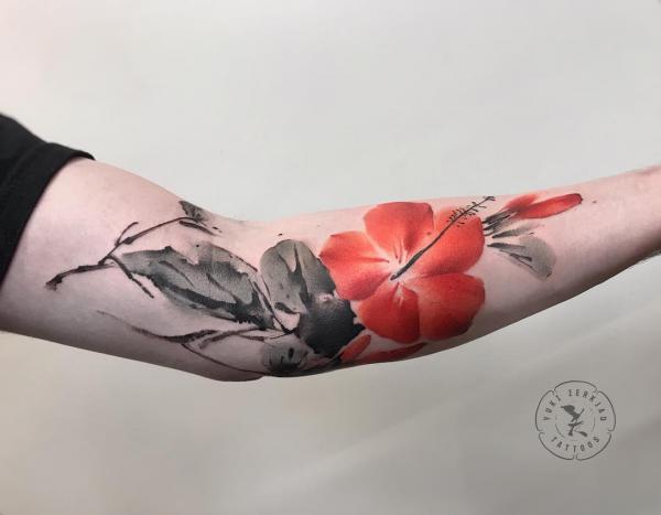 Watercolor hibiscus tattoo sleeve