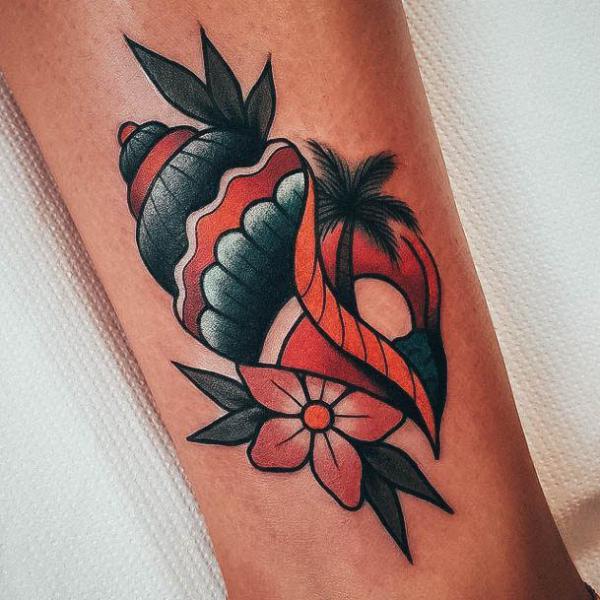 American traditional seashell with flower and palm tree tattoo