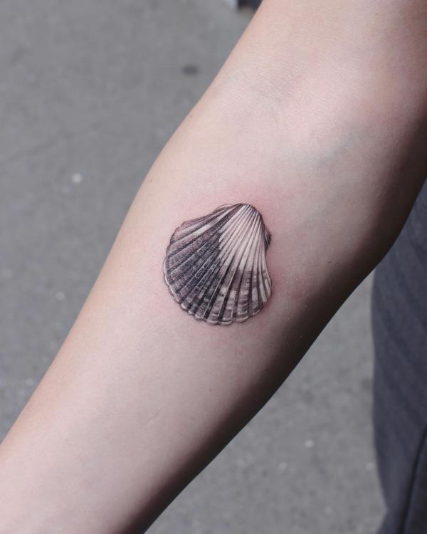 Black and grey Scallop shell tattoo below inner elbow
