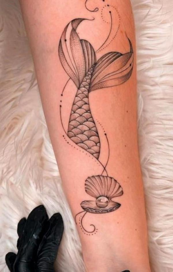 Mermaid tail and shell with pearl tattoo
