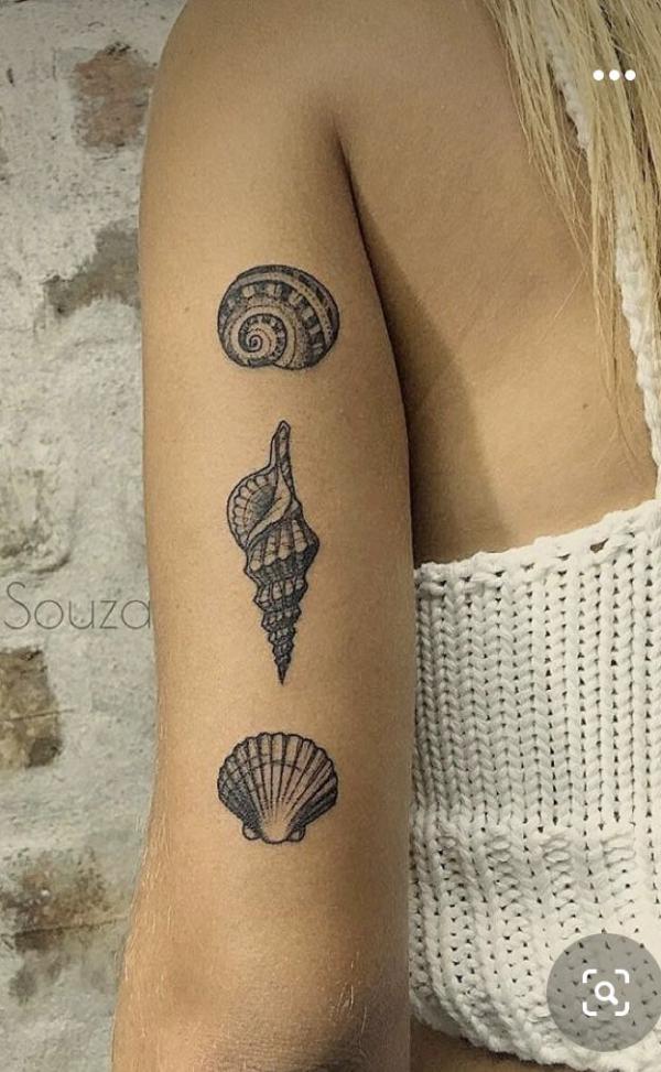 Scallop conch nautilus shells back of arm tattoo