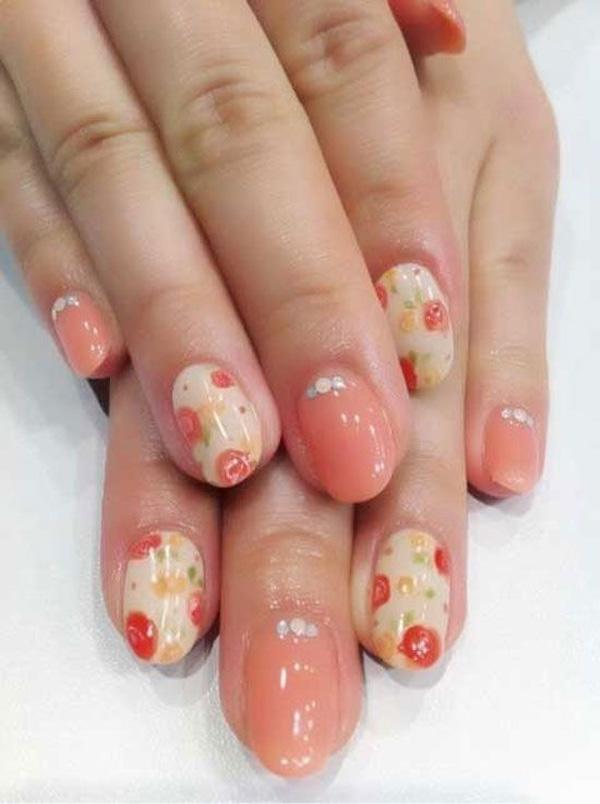 Pink nude with diamante, and vintage floral nails
