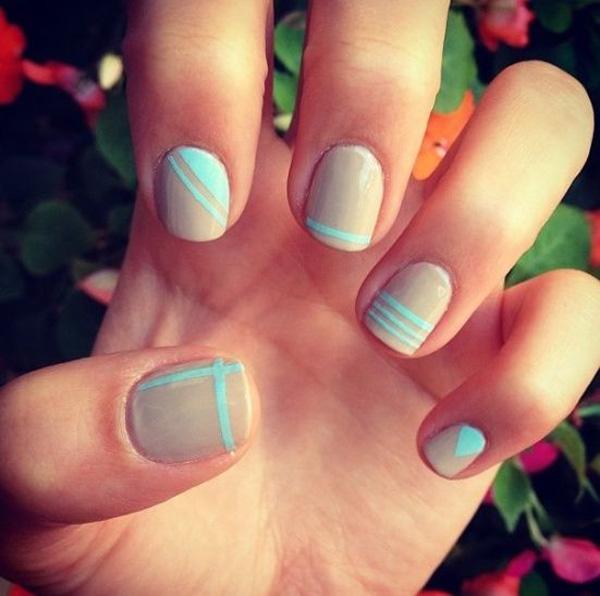 Gray nails with mint blue stripes