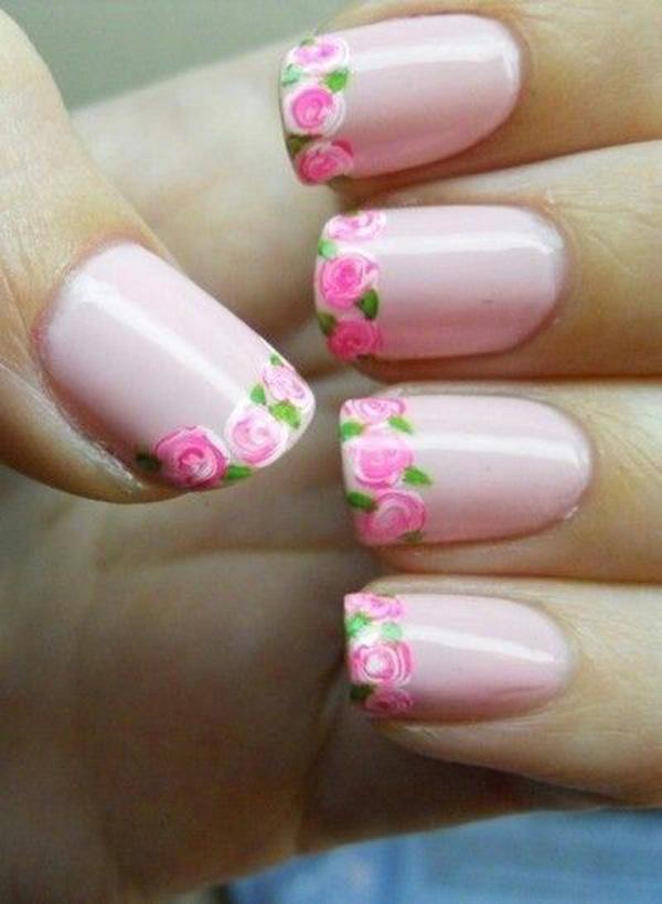 Pink roses on nail tips, gorgeous nails!