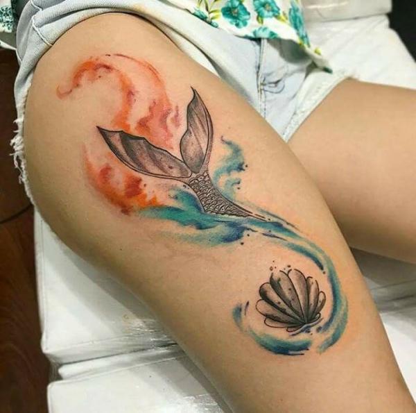 mermaid tail and shell tattoo watercolor