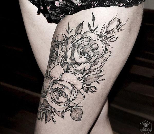 Black and grey peonies tattoo  Tattoogridnet