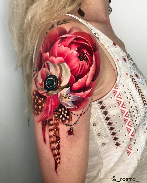 neck tattoo design retro peony floral big 8.25" temporary tattoo | eBay