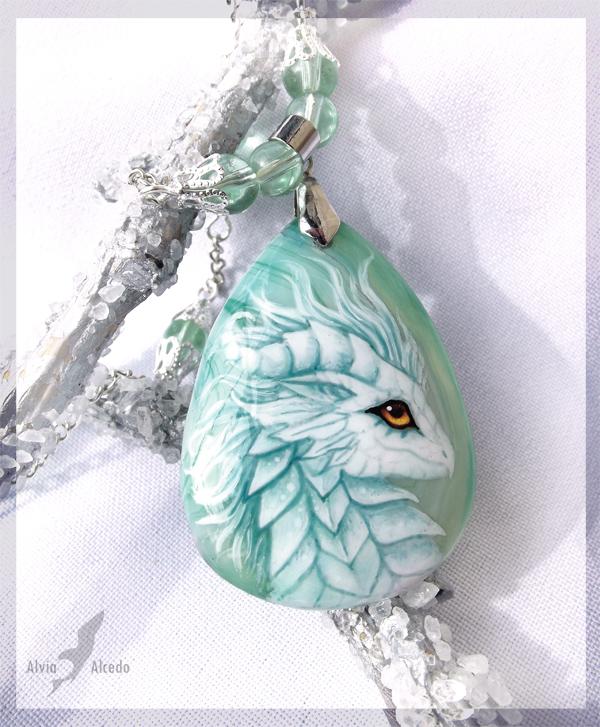 White Dragoness Stone Painting Necklace by Alvia Alcedo
