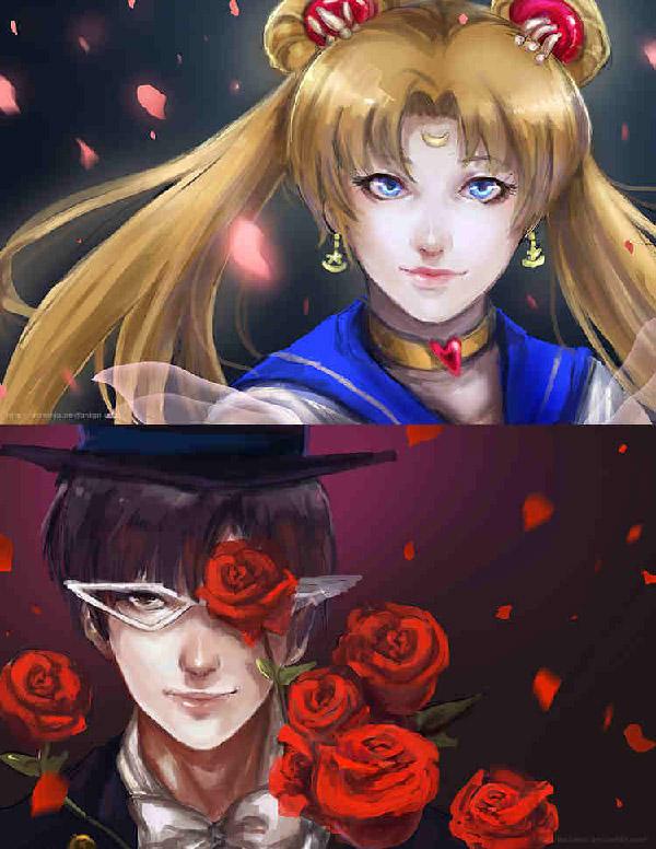Looking like star crossed lovers, the artist by darkshia did a very good job in connecting the rose petals from Tuxedo Mask to Sailor Moon. On the other the different colors of the rose petals represent the personality of each one.