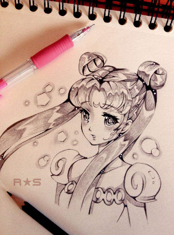 Amazing traditional art by reiraseo. Only using a ballpoint pen, the carious ink shading used on this traditional art is very impressive. The contrasting soft and hard shadowing also adds to the illusion of a dreamy background surrounding Sailor Moon.