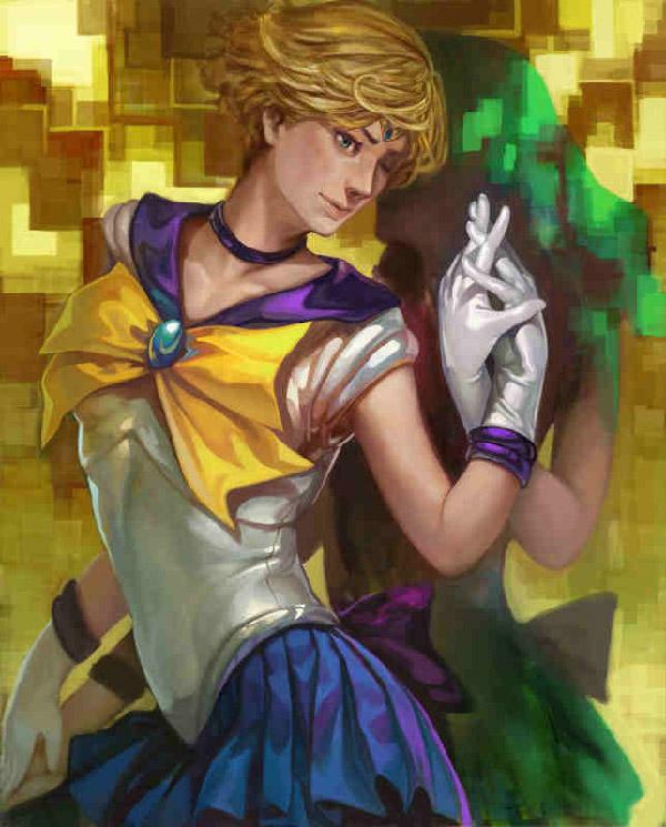 Using a watercolor paintbrush for this digital art by k-BOSE, it is still able to capture the digital pixelation behind Sailor Uranus. The silhouette of Sailor Neptune can be somewhat seen and the painting effect of the art proves to be perfect for her shadowy figure.
