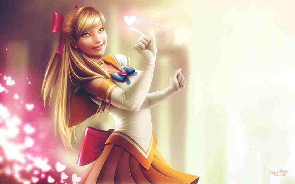 Sailor Venus by lenadrofranci, where she looks somewhat like a combination of Disney and Anime with a hint of cuteness. The cute pink hearts that follow Sailor Venus look great as it gives us the impression that she is a fun loving and sweet girl.