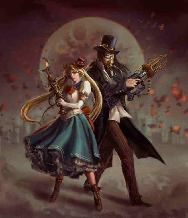 When it comes to alternate universe, this very creative art by anotherwanderer would take the bag. Sailor Moon and Tuxedo Mask are both depicted as to live in the Steampunk environment.