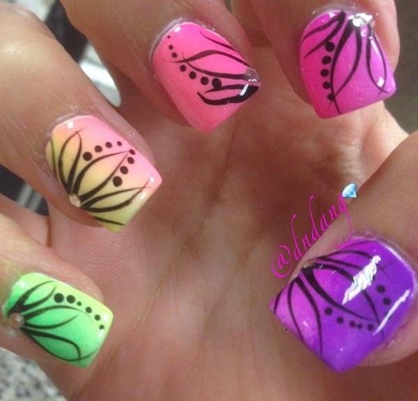 Rainbow ombre with black flowers and gems