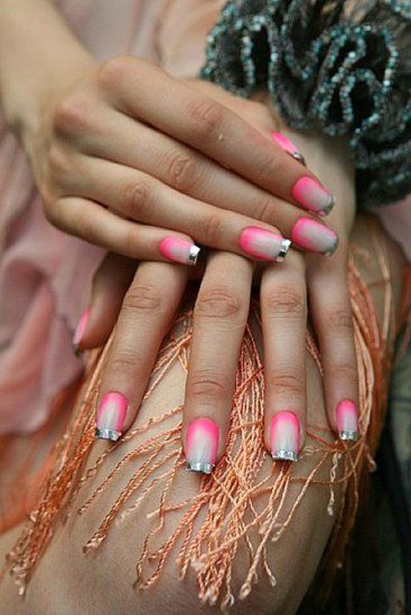 Pink and nude color gradient french metallic manicures